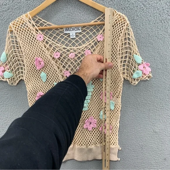 Wildfox Women’s M Crochet Floral Beige Green Embroidered Top Blouse See Through - Picture 3 of 10